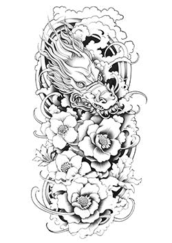 Tattoo template of a dragon with peony flowers