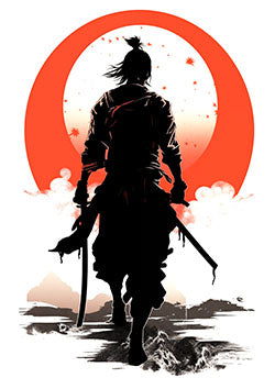 Tattoo template of a samurai with a backdrop of the rising sun