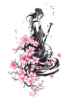 Tattoo template of a woman playing a key-flute with cherry blossoms