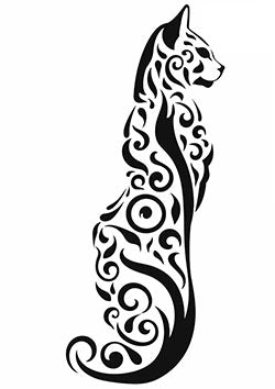 Tattoo template of a stylized cat with elegant swirls