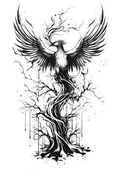 Tattoo template of a phoenix with widespread wings connected to a tree.