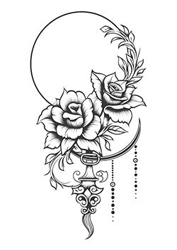 Tattoo template of a floral arrangement with a crescent moon