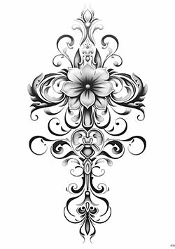 Tattoo template of a symmetrical floral design with filigree elements