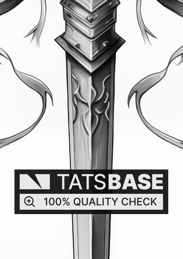 Tattoo template of a majestic sword with a crown and flowing ribbons