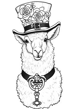 Tattoo template of a llama in a top hat with roses