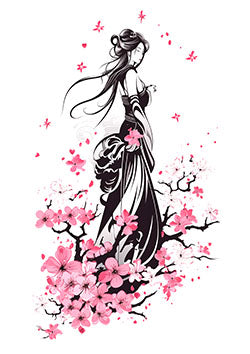 Tattoo template of a woman with cherry blossoms