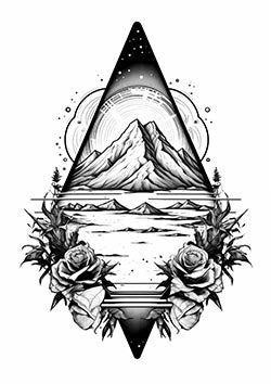 Tattoo template of a mountain with geometric elements and roses