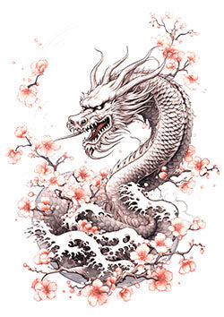 Tattoo template of an Asian dragon with cherry blossoms