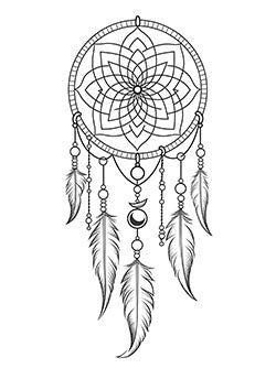 Tattoo template of a detailed dreamcatcher with webbing, beads, and feathers, symbolizing protection and tranquility