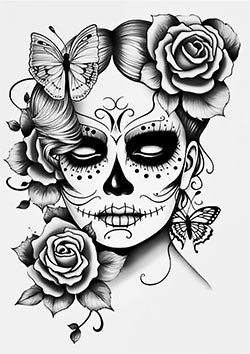 Tattoo template of a woman with sugar skull makeup, roses, and butterflies