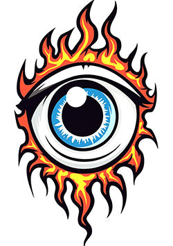 Tattoo template of a vivid blue eye surrounded by intense flames