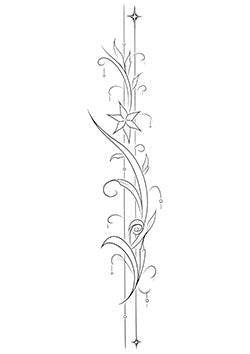 Tattoo template of a delicate floral design with vines, stars, and ornaments.