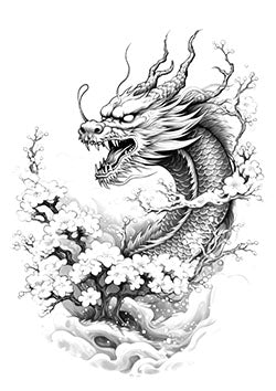 Tattoo template of a dragon amidst cherry blossoms