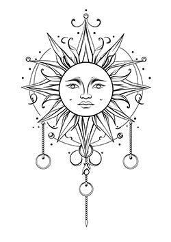 Tattoo template of a sun with a human face and ornate design elements