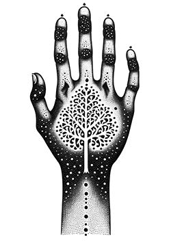 Tattoo template of a hand with a cosmic tree design