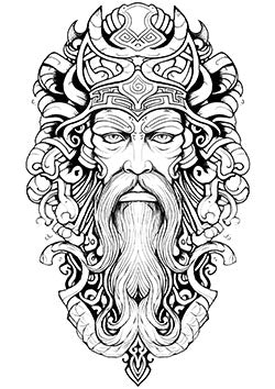 Tattoo template of a bearded deity with an ornate headdress