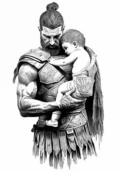 Tattoo template of a warrior in armor holding a child lovingly