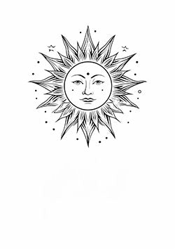 Tattoo template of a sun with a human face and detailed rays, evoking warmth and serenity