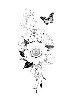 Tattoo template of a bouquet of flowers with a butterfly