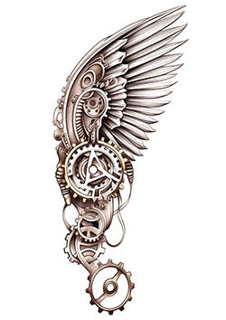 Tattoo template of a mechanical wing with gears and cogs integrating technology and freedom