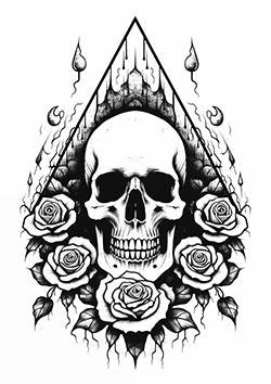 Tattoo template of a skull surrounded by roses with melting candles