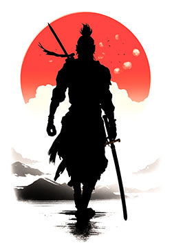 Tattoo template of a silhouetted samurai against a rising sun