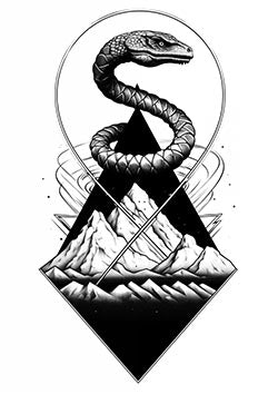 Tattoo template of a snake entwined with mountains within geometric borders