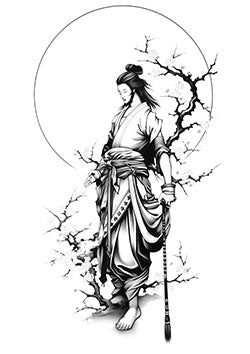 Tattoo template of a meditative samurai under a cherry tree