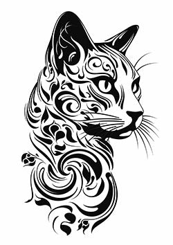 Tattoo template of a stylized swirling-patterned cat