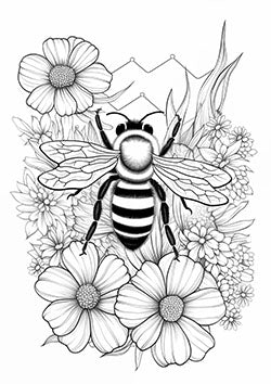 Tattoo template of a bee surrounded by blooming flowers for nature lovers.