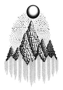 Tattoo template of a dotwork mountain range under a spherical moon