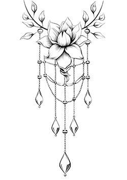 Tattoo template of a lotus flower with hanging jewels