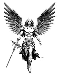 Tattoo template of a majestic archangel holding a sword and spreading large wings