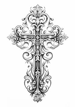 Tattoo template of an ornate cross with detailed filigree work