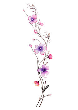 Tattoo template of a delicate floral design with purple and pink flowers and intertwined stems and leaves