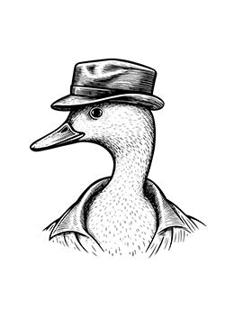 Tattoo template of a stylish anthropomorphic duck wearing a fedora and dressed elegantly