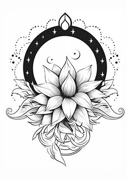 Tattoo template of a lotus flower with moon and stars in blackwork style