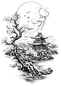 Tattoo template of an Asian pagoda and cherry blossoms