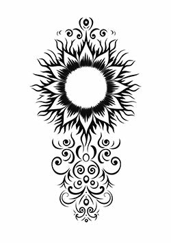 Tattoo template of an ornate symmetrical sun with intricate designs.