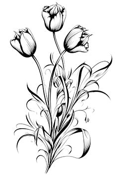 Tattoo template of a stylized trio of tulips with elegant lines