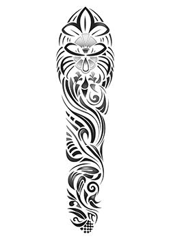 Tattoo template of a tribal sleeve with stylized lotus and swirl patterns