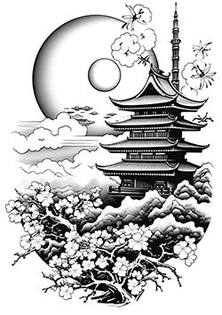 Tattoo template of a pagoda and sakura under a moon