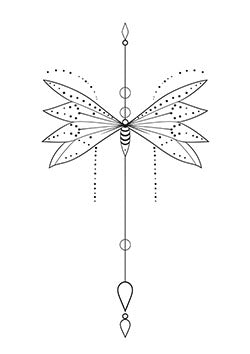 Tattoo template of a geometric minimalist dragonfly with intricate patterns and dots