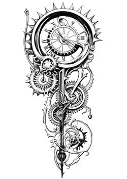 Tattoo template of an elaborate clockwork design with gears and cogs.