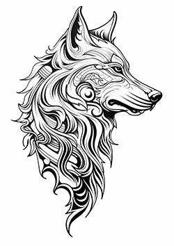 Tattoo template of a stylized tribal wolf head