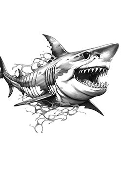 Tattoo template of a fierce shark with sharp teeth swimming with swirling water elements