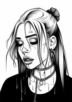 Tattoo template of a melancholic woman with streaming tears and gothic accessories