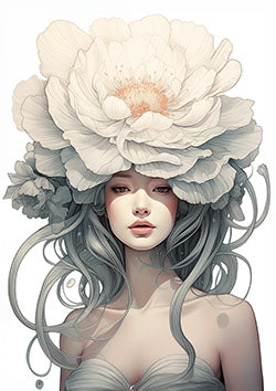 Tattoo template of a serene woman with a large flower headdress exuding natural elegance