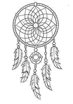 Tattoo template of a dreamcatcher with detailed web and feathers hanging down