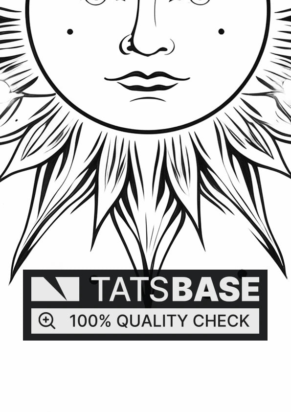 Tattoo template of a sun with a human face and detailed rays, evoking warmth and serenity